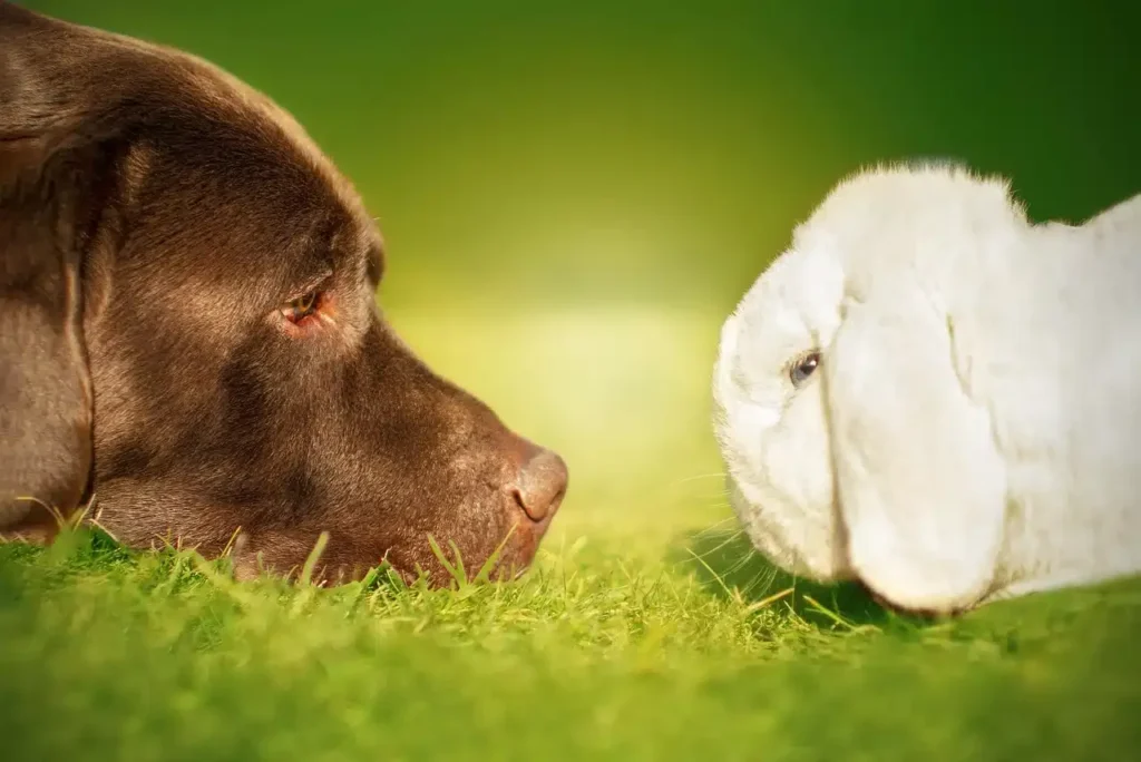 labrador chocolat lapin blanc face a face cohabitation veterinaire